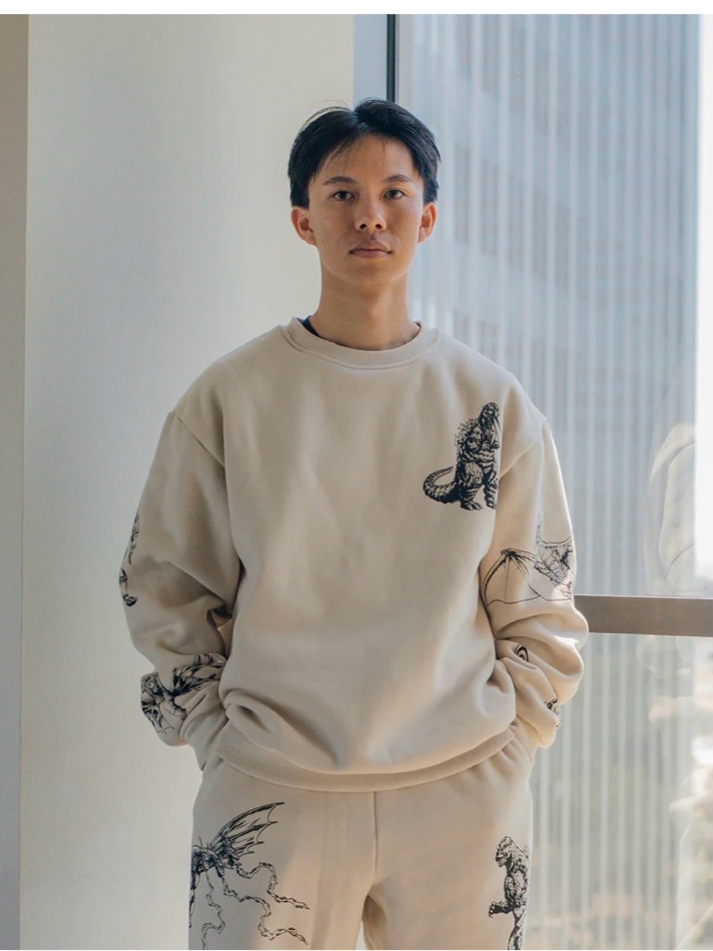 NWOT Godzilla Men's Crewneck Sweatshirt in Cream with Graphic Detail